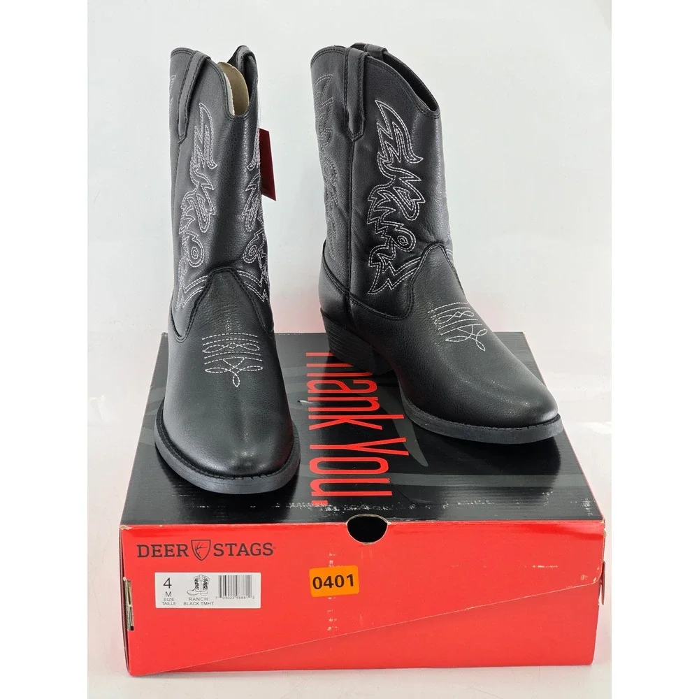 Deer Stags Ranch Cowboy Boots Boys Size 4 Black Faux Leather Western -New